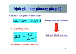 Định giá bằng phương pháp bội
Các chỉ số liên quan đến momentum
( )
t
t
t EPS
E
EPS
UE -
= Thu nhập không dự kiến dương
77
( )
t
t
t
UE
UE
SUE
s
=
Thu nhập không dự kiến
Suất sinh lời không dự kiến
Thu nhập không dự kiến chuẩn hóa
 