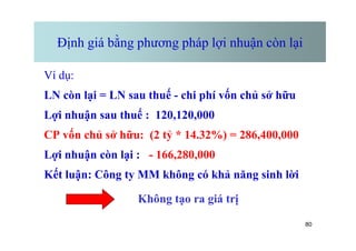 Định giá bằng phương pháp lợi nhuận còn lại
Ví dụ:
LN còn lại = LN sau thuế - chi phí vốn chủ sở hữu
Lợi nhuận sau thuế : 120,120,000
80
CP vốn chủ sở hữu: (2 tỷ * 14.32%) = 286,400,000
Lợi nhuận còn lại : - 166,280,000
Kết luận: Công ty MM không có khả năng sinh lời
Không tạo ra giá trị
 