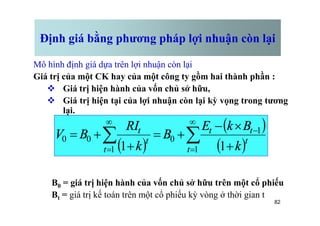 Định giá bằng phương pháp lợi nhuận còn lại
Mô hình định giá dựa trên lợi nhuận còn lại
Giá trị của một CK hay của một công ty gồm hai thành phần :
v Giá trị hiện hành của vốn chủ sở hữu,
v Giá trị hiện tại của lợi nhuận còn lại kỳ vọng trong tương
lại.
82
lại.
B0 = giá trị hiện hành của vốn chủ sở hữu trên một cổ phiếu
Bt = giá trị kế toán trên một cổ phiếu kỳ vòng ở thời gian t
( )
( )
( )
å
å
¥
=
-
¥
= +
´
-
+
=
+
+
=
1
1
0
1
0
0
1
1 t
t
t
t
t
t
t
k
B
k
E
B
k
RI
B
V
 