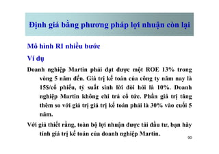 Định giá bằng phương pháp lợi nhuận còn lại
Mô hình RI nhiều bước
Ví dụ
Doanh nghiệp Martin phải đạt được một ROE 13% trong
vòng 5 năm đến. Giá trị kế toán của công ty năm nay là
90
vòng 5 năm đến. Giá trị kế toán của công ty năm nay là
15$/cổ phiếu, tỷ suất sinh lời đòi hỏi là 10%. Doanh
nghiệp Martin không chi trả cổ tức. Phần giá trị tăng
thêm so với giá trị giá trị kế toán phải là 30% vào cuối 5
năm.
Với giả thiết rằng, toàn bộ lợi nhuận được tái đầu tư, bạn hãy
tính giá trị kế toán của doanh nghiệp Martin.
 