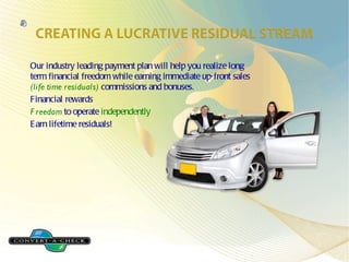 Our industry leading payment plan will help you realize long term financial freedom while earning immediate up-front sales (life time residuals) commissions and bonuses. Financial rewards Freedom to operate independently Earn lifetime residuals!