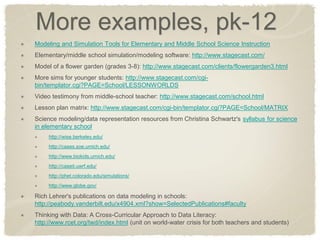 More examples, pk-12 Modeling and Simulation Tools for Elementary and Middle School Science Instruction Elementary/middle school simulation/modeling software: http://www.stagecast.com/ Model of a flower garden (grades 3-8): http://www.stagecast.com/clients/flowergarden3.html More sims for younger students: http://www.stagecast.com/cgi- bin/templator.cgi?PAGE=School/LESSONWORLDS Video testimony from middle-school teacher: http://www.stagecast.com/school.html Lesson plan matrix: http://www.stagecast.com/cgi-bin/templator.cgi?PAGE=School/MATRIX Science modeling/data representation resources from Christina Schwartz's syllabus for science in elementary school http://wise.berkeley.edu/ http://cases.soe.umich.edu/ http://www.biokids.umich.edu/ http://caseit.uwrf.edu/ http://phet.colorado.edu/simulations/ http://www.globe.gov/ Rich Lehrer's publications on data modeling in schools: http://peabody.vanderbilt.edu/x4904.xml?show=SelectedPublications#faculty Thinking with Data: A Cross-Curricular Approach to Data Literacy: http://www.rcet.org/twd/index.html (unit on world-water crisis for both teachers and students)  