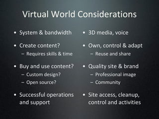 Virtual World Considerations System & bandwidth Create content? Requires skills & time Buy and use content? Custom design?  Open source? Successful operations and support 3D media, voice Own, control & adapt Reuse and share Quality site & brand Professional image Community Site access, cleanup, control and activities 