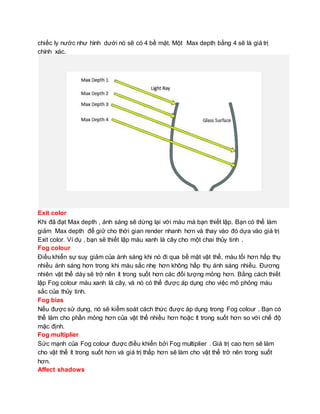 chiếc ly nước như hình dưới nó sẽ có 4 bề mặt. Một Max depth bằng 4 sẽ là giá trị
chính xác.
Exit color
Khi đã đạt Max depth , ánh sáng sẽ dừng lại với màu mà bạn thiết lập. Bạn có thể làm
giảm Max depth để giữ cho thời gian render nhanh hơn và thay vào đó dựa vào giá trị
Exit color. Ví dụ , bạn sẽ thiết lập màu xanh lá cây cho một chai thủy tinh .
Fog colour
Điều khiển sự suy giảm của ánh sáng khi nó đi qua bề mặt vật thể, màu tối hơn hấp thụ
nhiều ánh sáng hơn trong khi màu sắc nhẹ hơn không hấp thụ ánh sáng nhiều. Đương
nhiên vật thể dày sẽ trở nên ít trong suốt hơn các đối tượng mỏng hơn. Bằng cách thiết
lập Fog colour màu xanh lá cây, và nó có thể được áp dụng cho việc mô phỏng màu
sắc của thủy tinh.
Fog bias
Nếu được sử dụng, nó sẽ kiểm soát cách thức được áp dụng trong Fog colour . Bạn có
thể làm cho phần mỏng hơn của vật thể nhiều hơn hoặc ít trong suốt hơn so với chế độ
mặc định.
Fog multiplier
Sức mạnh của Fog colour được điều khiển bởi Fog multiplier . Giá trị cao hơn sẽ làm
cho vật thể ít trong suốt hơn và giá trị thấp hơn sẽ làm cho vật thể trở nên trong suốt
hơn.
Affect shadows
 