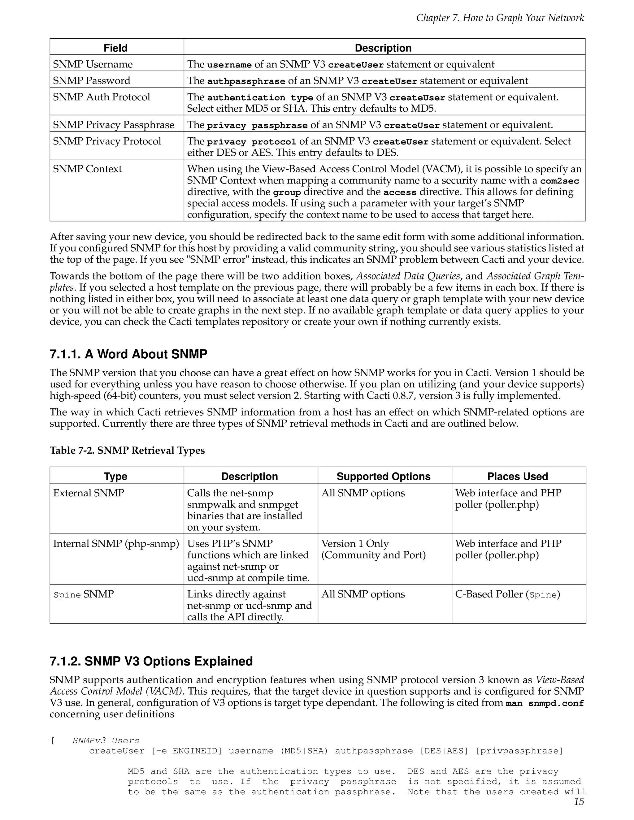 Chapter 7. How to Graph Your Network

            Field                                                    Description
SNMP Username                  The username of an SNMP V3 createUser statement or equivalent
SNMP Password                  The authpassphrase of an SNMP V3 createUser statement or equivalent
SNMP Auth Protocol             The authentication type of an SNMP V3 createUser statement or equivalent.
                               Select either MD5 or SHA. This entry defaults to MD5.
SNMP Privacy Passphrase        The privacy passphrase of an SNMP V3 createUser statement or equivalent.
SNMP Privacy Protocol          The privacy protocol of an SNMP V3 createUser statement or equivalent. Select
                               either DES or AES. This entry defaults to DES.
SNMP Context                   When using the View-Based Access Control Model (VACM), it is possible to specify an
                               SNMP Context when mapping a community name to a security name with a com2sec
                               directive, with the group directive and the access directive. This allows for deﬁning
                               special access models. If using such a parameter with your target’s SNMP
                               conﬁguration, specify the context name to be used to access that target here.

After saving your new device, you should be redirected back to the same edit form with some additional information.
If you conﬁgured SNMP for this host by providing a valid community string, you should see various statistics listed at
the top of the page. If you see "SNMP error" instead, this indicates an SNMP problem between Cacti and your device.
Towards the bottom of the page there will be two addition boxes, Associated Data Queries, and Associated Graph Tem-
plates. If you selected a host template on the previous page, there will probably be a few items in each box. If there is
nothing listed in either box, you will need to associate at least one data query or graph template with your new device
or you will not be able to create graphs in the next step. If no available graph template or data query applies to your
device, you can check the Cacti templates repository or create your own if nothing currently exists.


7.1.1. A Word About SNMP
The SNMP version that you choose can have a great effect on how SNMP works for you in Cacti. Version 1 should be
used for everything unless you have reason to choose otherwise. If you plan on utilizing (and your device supports)
high-speed (64-bit) counters, you must select version 2. Starting with Cacti 0.8.7, version 3 is fully implemented.
The way in which Cacti retrieves SNMP information from a host has an effect on which SNMP-related options are
supported. Currently there are three types of SNMP retrieval methods in Cacti and are outlined below.

Table 7-2. SNMP Retrieval Types

            Type                      Description               Supported Options                  Places Used
External SNMP                  Calls the net-snmp            All SNMP options              Web interface and PHP
                               snmpwalk and snmpget                                        poller (poller.php)
                               binaries that are installed
                               on your system.
Internal SNMP (php-snmp) Uses PHP’s SNMP                     Version 1 Only                Web interface and PHP
                         functions which are linked          (Community and Port)          poller (poller.php)
                         against net-snmp or
                         ucd-snmp at compile time.
Spine SNMP                     Links directly against   All SNMP options                   C-Based Poller (Spine)
                               net-snmp or ucd-snmp and
                               calls the API directly.



7.1.2. SNMP V3 Options Explained
SNMP supports authentication and encryption features when using SNMP protocol version 3 known as View-Based
Access Control Model (VACM). This requires, that the target device in question supports and is conﬁgured for SNMP
V3 use. In general, conﬁguration of V3 options is target type dependant. The following is cited from man snmpd.conf
concerning user deﬁnitions

[    SNMPv3 Users
        createUser [-e ENGINEID] username (MD5|SHA) authpassphrase [DES|AES] [privpassphrase]

                    MD5 and SHA are the authentication types to use.             DES and AES are the privacy
                    protocols to use. If the privacy passphrase                  is not specified, it is assumed
                    to be the same as the authentication passphrase.             Note that the users created will
                                                                                                                      15
 
