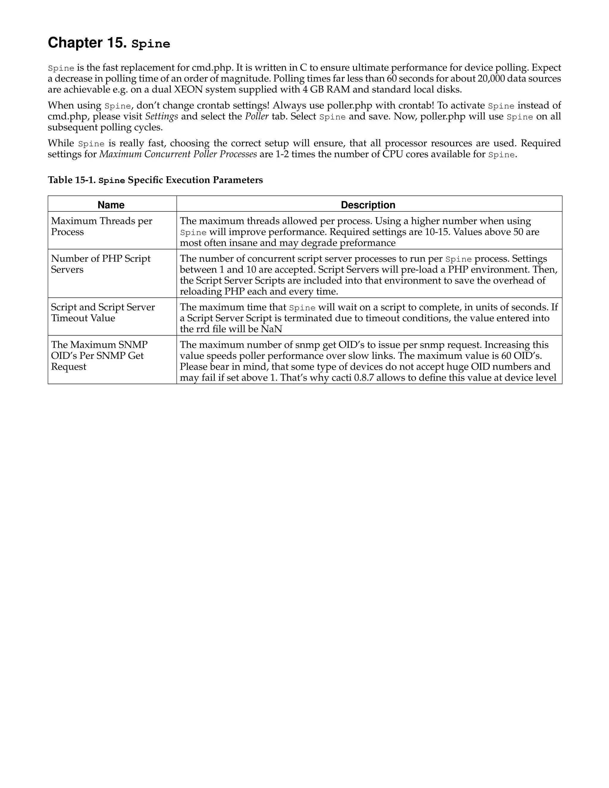 Chapter 15. Spine
Spine is the fast replacement for cmd.php. It is written in C to ensure ultimate performance for device polling. Expect
a decrease in polling time of an order of magnitude. Polling times far less than 60 seconds for about 20,000 data sources
are achievable e.g. on a dual XEON system supplied with 4 GB RAM and standard local disks.
When using Spine, don’t change crontab settings! Always use poller.php with crontab! To activate Spine instead of
cmd.php, please visit Settings and select the Poller tab. Select Spine and save. Now, poller.php will use Spine on all
subsequent polling cycles.
While Spine is really fast, choosing the correct setup will ensure, that all processor resources are used. Required
settings for Maximum Concurrent Poller Processes are 1-2 times the number of CPU cores available for Spine.

Table 15-1. Spine Speciﬁc Execution Parameters

           Name                                                      Description
Maximum Threads per            The maximum threads allowed per process. Using a higher number when using
Process                        Spine will improve performance. Required settings are 10-15. Values above 50 are
                               most often insane and may degrade preformance
Number of PHP Script           The number of concurrent script server processes to run per Spine process. Settings
Servers                        between 1 and 10 are accepted. Script Servers will pre-load a PHP environment. Then,
                               the Script Server Scripts are included into that environment to save the overhead of
                               reloading PHP each and every time.
Script and Script Server       The maximum time that Spine will wait on a script to complete, in units of seconds. If
Timeout Value                  a Script Server Script is terminated due to timeout conditions, the value entered into
                               the rrd ﬁle will be NaN
The Maximum SNMP               The maximum number of snmp get OID’s to issue per snmp request. Increasing this
OID’s Per SNMP Get             value speeds poller performance over slow links. The maximum value is 60 OID’s.
Request                        Please bear in mind, that some type of devices do not accept huge OID numbers and
                               may fail if set above 1. That’s why cacti 0.8.7 allows to deﬁne this value at device level
 