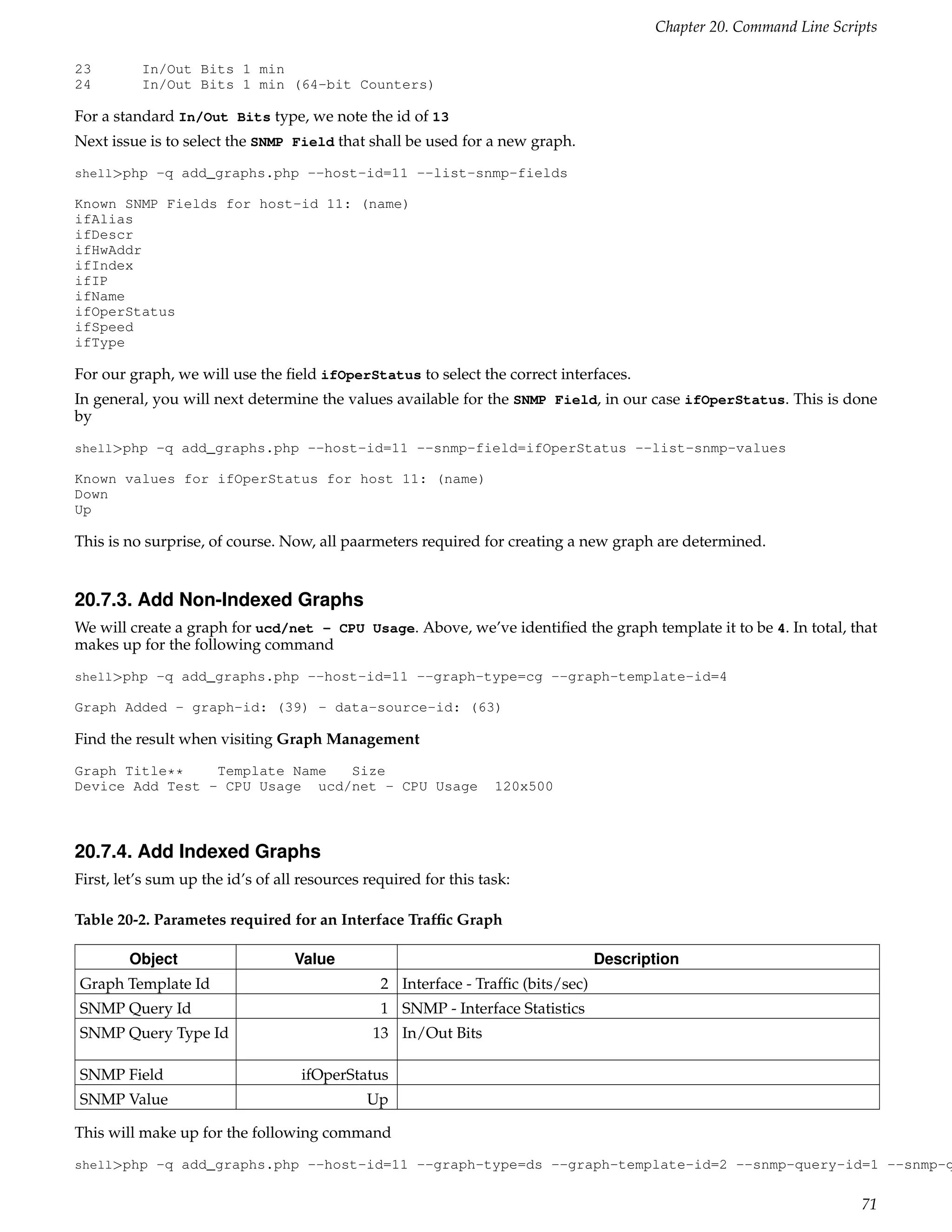 Chapter 20. Command Line Scripts

23        In/Out Bits 1 min
24        In/Out Bits 1 min (64-bit Counters)

For a standard In/Out Bits type, we note the id of 13
Next issue is to select the SNMP Field that shall be used for a new graph.
shell>php -q add_graphs.php --host-id=11 --list-snmp-fields

Known SNMP Fields for host-id 11: (name)
ifAlias
ifDescr
ifHwAddr
ifIndex
ifIP
ifName
ifOperStatus
ifSpeed
ifType

For our graph, we will use the ﬁeld ifOperStatus to select the correct interfaces.
In general, you will next determine the values available for the SNMP Field, in our case ifOperStatus. This is done
by
shell>php -q add_graphs.php --host-id=11 --snmp-field=ifOperStatus --list-snmp-values

Known values for ifOperStatus for host 11: (name)
Down
Up

This is no surprise, of course. Now, all paarmeters required for creating a new graph are determined.


20.7.3. Add Non-Indexed Graphs
We will create a graph for ucd/net - CPU Usage. Above, we’ve identiﬁed the graph template it to be 4. In total, that
makes up for the following command
shell>php -q add_graphs.php --host-id=11 --graph-type=cg --graph-template-id=4

Graph Added - graph-id: (39) - data-source-id: (63)

Find the result when visiting Graph Management
Graph Title**    Template Name  Size
Device Add Test - CPU Usage ucd/net - CPU Usage                   120x500



20.7.4. Add Indexed Graphs
First, let’s sum up the id’s of all resources required for this task:

Table 20-2. Parametes required for an Interface Trafﬁc Graph

        Object                    Value                                           Description
Graph Template Id                               2 Interface - Trafﬁc (bits/sec)
SNMP Query Id                                   1 SNMP - Interface Statistics
SNMP Query Type Id                             13 In/Out Bits

SNMP Field                         ifOperStatus
SNMP Value                                    Up

This will make up for the following command
shell>php -q add_graphs.php --host-id=11 --graph-type=ds --graph-template-id=2 --snmp-query-id=1 --snmp-q


                                                                                                                      71
 
