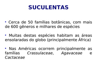 SUCULENTAS


 Cerca de 50 famílias botânicas, com mais
de 600 gêneros e milhares de espécies


  Muitas destas espécies habitam as áreas
ensolaradas do globo (principalmente África)


  Nas Américas ocorrem principalmente as
famílias  Crassulaceae,   Agavaceae    e
Cactaceae
 