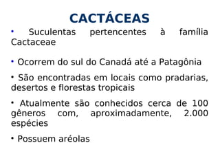 CACTÁCEAS

    Suculentas     pertencentes   à    família
Cactaceae


    Ocorrem do sul do Canadá até a Patagônia

 São encontradas em locais como pradarias,
desertos e florestas tropicais

  Atualmente são conhecidos cerca de 100
gêneros com, aproximadamente, 2.000
espécies

    Possuem aréolas
 