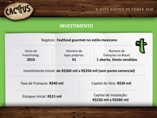 INVESTIMENTO

                Negócio: Fastfood gourmet no estilo mexicano

   Início do                   Número de                  Número de
 Franchising:                lojas próprias:          franquias no Brasil:
    2010                           01             1 aberta, 3mais vendidas

 Investimento Inicial: de R$300 mil a R$350 mil (sem ponto comercial)


Taxa de Franquia: R$40 mil                     Capital de Giro: R$30 mil


 Estoque Inicial: R$15 mil                      Capital de instalação:
                                               R$230 mil a R$280 mil
 
