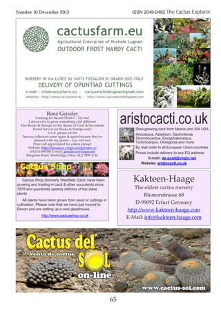 65
Number 10 December 2013 ISSN 2048-0482 The Cactus Explorer
René Geissler
Looking for decent Plants? - Try me!
I always try to grow something a bit diﬀerent
Also Books & Stamps on the theme of Cacti & Succulents
Postal Service for Books & Stamps only!
S.A.E. please for list
Serious collectors come again & again because they’re
pleased with my plants – you will too!
Prior call appreciated for callers please!
Website: http://freespace.virgin.net/geissler.w/
(01453) 890340 E-mail: geissler.w@virgin.net
Kingston Road, Slimbridge, Glos. GL2 7BW U.K.
aristocacti.co.ukSlow-growing cacti from Mexico and SW USA
Ariocarpus, Aztekium, Geohintonia,
Strombocactus, Encephalocarpus,
Turbinicarpus, Obregonia and more
By mail order to all European Union countries
Prices include delivery to any EU address
E-mail: de.quail@virgin.net
Website: aristocacti.co.uk
Cactus Shop (formerly Westfield Cacti) have been
growing and trading in cacti & other succulents since
1979 and guarantee speedy delivery of top class
plants
All plants have been grown from seed or cuttings in
cultivation. Please note that we have just moved to
Devon and are setting up a new glasshouse.
http://www.cactusshop.co.uk
Kakteen-Haage
The oldest cactus nursery
Blumenstrasse 68
D-99092 Erfurt Germany
http://www.kakteen-haage.com
E-Mail: info@kakteen-haage.com
 