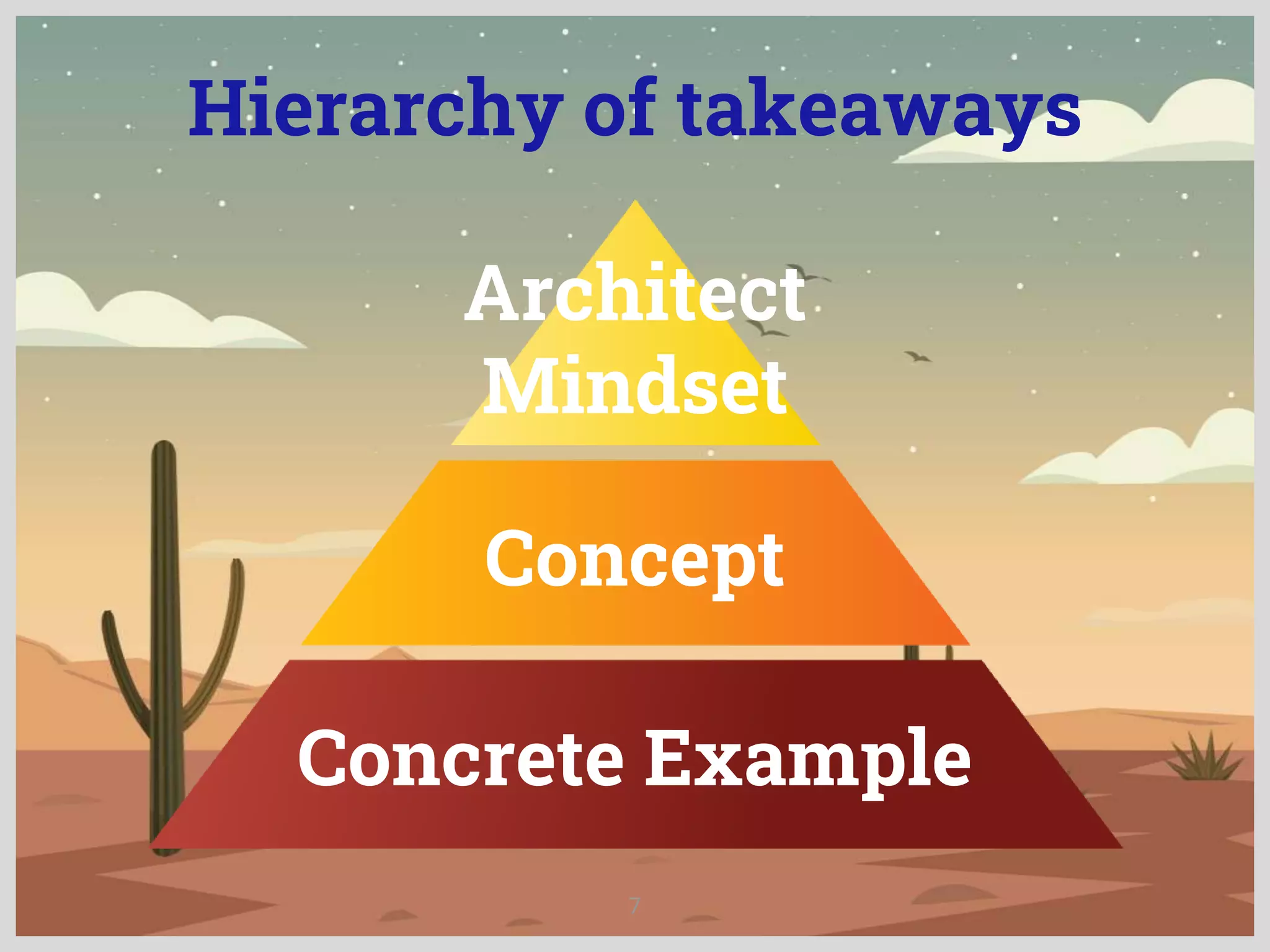 Hierarchy of takeaways
7
Concrete Example
Concept
Architect
Mindset
 