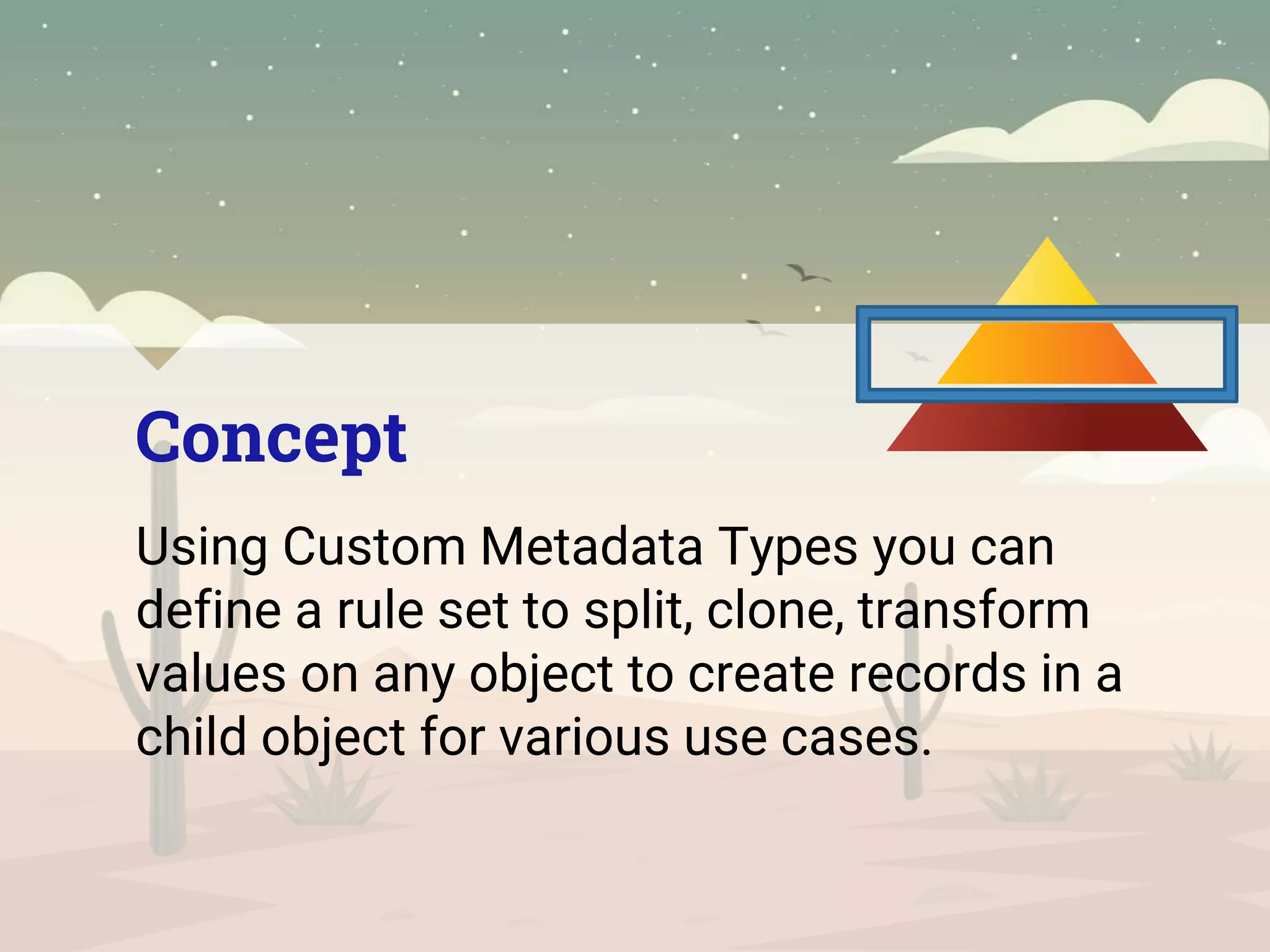 Concept
Using Custom Metadata Types you can
define a rule set to split, clone, transform
values on any object to create records in a
child object for various use cases.
 