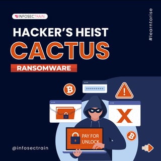 @infosectrain
#
l
e
a
r
n
t
o
r
i
s
e
HACKER’S HEIST
CACTUS
0
1
1
0
1
0
0
0
0
1
1
1
1
0
1
1
0
1
1
1
1
0
1
0
1
1
0
1
0
0
1
0
0
1
1
0
1
1
0
1
0
1
1
0
1
0
1
1
0
1
0
0
1
1
0
0
1
0
0
0
1
1
0
1
0
0
0
0
1
1
1
1
0
1
1
0
1
1
1
1
0
1
0
1
1
0
1
0
0
1
0
0
1
1
0
1
1
0
1
0
1
1
0
1
0
1
1
0
1
0
0
1
1
0
0
1
0
0
0
1
1
0
1
0
0
0
0
1
1
1
1
0
1
1
0
1
1
1
1
0
1
0
1
1
0
1
0
0
1
0
0
1
1
0
1
1
0
1
0
1
1
0
1
0
1
1
0
1
0
0
1
1
0
0
1
0
0
0
1
1
0
1
0
0
0
0
1
1
1
1
0
1
1
0
1
1
1
1
0
1
0
1
1
0
1
0
0
1
0
0
1
1
0
1
1
0
1
0
1
1
0
1
0
1
1
0
1
0
0
1
1
0
0
1
0
0
0101 11 111011 0 1 101 0 111
0001 00 111 010 00 101 0 101
0101 11 111011 0 1 101 0 111
0001 00 111 010 00 101 0 101
0101 11 111011 0 1 101 0 111
0001 00 111 010 00 101 0 101
PAY FOR
UNLOCK
*********
RANSOMWARE
 