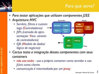 Para que serve?
                       Para testar aplicações que utilizam componentes J2EE
                       Arquitetura MVC                  Controller    Model
                         Servlets, filtros e custom   Servlets   Taglibs
                                                                                EJBs
                                                                              Remotos
                         tags (Controladores)                    Classes      Classes
                                                                                             EJBs
                                                                                            Locais
                                                       Filtros
                         JSPs (camada de apre-                    Java         Java

                         sentação: View, através
                         de controladores)                            JSP   Velocity

                         EJB (Modelo de dados/                       XSLT                View
                         lógica de negócios)
www.argonavis.com.br




                       Cactus testa a integração desses componentes com seus
                       containers
                         não usa stubs - usa o próprio container como servidor e usa
                         JUnit como cliente
                         comunicação é intermediada por um proxy
                                                                             Ilustração: Manual do Cactus   5
 