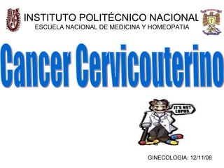 INSTITUTO POLITÉCNICO NACIONAL ESCUELA NACIONAL DE MEDICINA Y HOMEOPATIA Cancer Cervicouterino GINECOLOGIA: 12/11/08 