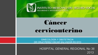 Cáncer
cervicouterino
GINECOLOGÍA Y OBSTETRICIA
DR CRUZ PEREZ OSCAR SALVADOR R3 GYO

HOSPITAL GENERAL REGIONAL No 36
2013

 