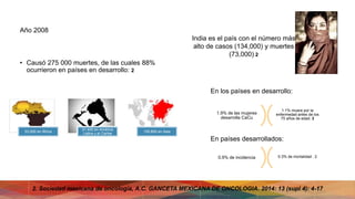 Año 2008
• Causó 275 000 muertes, de las cuales 88%
ocurrieron en países en desarrollo: 2
En los países en desarrollo:
En países desarrollados:
53,000 en África
31 400 en América
Latina y el Caribe
159,800 en Asia
India es el país con el número más
alto de casos (134,000) y muertes
(73,000) 2
1.1% muere por la
enfermedad antes de los
75 años de edad. 2
1.9% de las mujeres
desarrolla CaCu
0.3% de mortalidad . 20.9% de incidencia
2. Sociedad mexicana de oncología, A.C. GANCETA MEXICANA DE ONCOLOGIA. 2014: 13 (supl 4): 4-17
 