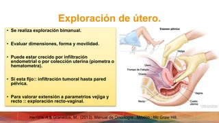 Exploración de útero.
• Se realiza exploración bimanual.
• Evaluar dimensiones, forma y movilidad.
• Puede estar crecido por infiltración
endometrial o por colección uterina (piometra o
hematometra).
• Si esta fijo:: infiltración tumoral hasta pared
pélvica.
• Para valorar extensión a parametrios vejiga y
recto :: exploración recto-vaginal.
Herrera, A & Granados, M.. (2013). Manual de Oncología . México : Mc Graw Hill.
 