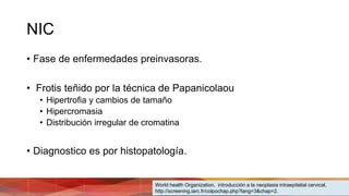 NIC
• Fase de enfermedades preinvasoras.
• Frotis teñido por la técnica de Papanicolaou
• Hipertrofia y cambios de tamaño
• Hipercromasia
• Distribución irregular de cromatina
• Diagnostico es por histopatología.
World health Organization, introducción a la neoplasia intraepitelial cervical,
http://screening.iarc.fr/colpochap.php?lang=3&chap=2.
 