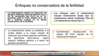 Enfoques no conservadora de la fertilidad
• La histerectomía radical con disección de
ganglios linfáticos pélvicos bilateral (con o
sin la cartografía del GLC) es el Tx.
preferido para la FIGO estadio IA-2, IB,
IIA y lesiones cuando no se desea
preservación de la fertilidad.
• Los enfoques para la histerectomía
incluyen histerectomía simple (tipo A),
histerectomía radical modificada (Tipo B),
y la histerectomía radical (tipo C).
• La histerectomía radical es preferible a la
simple debido a su mayor margen de
resección que incluye aspectos cardinales y
los ligamentos útero-sacros, vagina
superior, linfáticos pelvicos y a veces, los
ganglios paraaórticos.
• Quimioterapia neoadyuvante en
estadio IIB FIGO seguida de la
histerectomía Radical.
Guía de la practica clínica de la NCCN de oncología. Cáncer de cuello uterino versión 1.2015
 