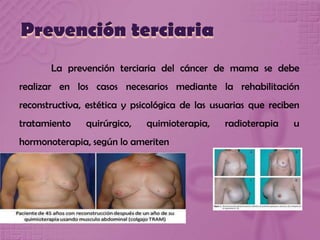 Prevención terciaria
La prevención terciaria del cáncer de mama se debe
realizar en los casos necesarios mediante la rehabilitación
reconstructiva, estética y psicológica de las usuarias que reciben
tratamiento quirúrgico, quimioterapia, radioterapia u
hormonoterapia, según lo ameriten
 