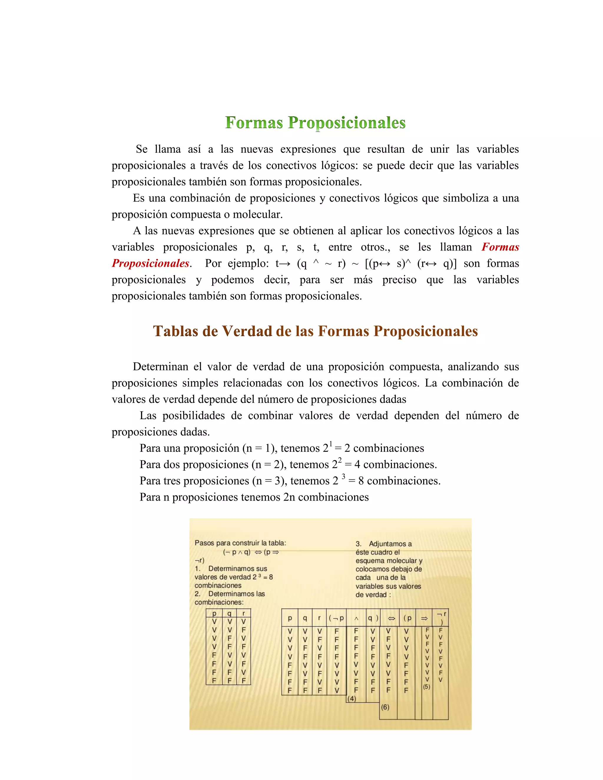 Se llama así a las nuevas expresiones que resultan de unir las variables proposicionales a través de los conectivos lógicos: se puede decir que las variables proposicionales también son formas proposicionales. 
Es una combinación de proposiciones y conectivos lógicos que simboliza a una proposición compuesta o molecular. 
A las nuevas expresiones que se obtienen al aplicar los conectivos lógicos a las variables proposicionales p, q, r, s, t, entre otros., se les llaman Formas Proposicionales. Por ejemplo: t→ (q ^ ~ r) ~ [(p↔ s)^ (r↔ q)] son formas proposicionales y podemos decir, para ser más preciso que las variables proposicionales también son formas proposicionales. 
de las Formas ProposicionalesTablas de Verdad 
Determinan el valor de verdad de una proposición compuesta, analizando sus proposiciones simples relacionadas con los conectivos lógicos. La combinación de valores de verdad depende del número de proposiciones dadas 
Las posibilidades de combinar valores de verdad dependen del número de proposiciones dadas. 
Para una proposición (n = 1), tenemos 21 = 2 combinaciones 
Para dos proposiciones (n = 2), tenemos 22 = 4 combinaciones. 
Para tres proposiciones (n = 3), tenemos 2 3 = 8 combinaciones. 
Para n proposiciones tenemos 2n combinaciones 
 