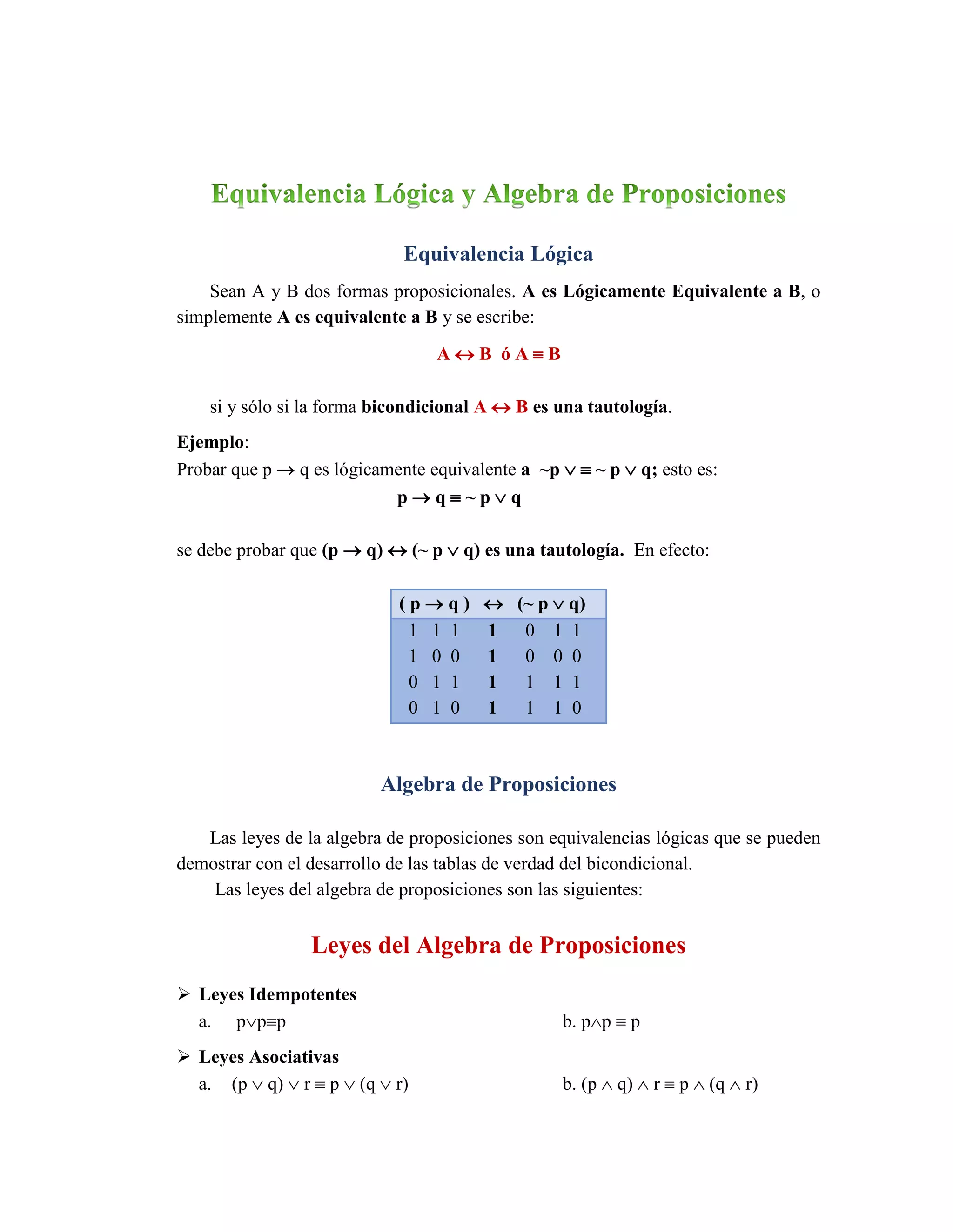 Equivalencia Lógica 
Sean A y B dos formas proposicionales. A es Lógicamente Equivalente a B, o simplemente A es equivalente a B y se escribe: 
A  B ó A  B 
si y sólo si la forma bicondicional A  B es una tautología. 
Ejemplo: 
Probar que p  q es lógicamente equivalente a ~p   ~ p  q; esto es: 
p  q  ~ p  q 
se debe probar que (p  q)  (~ p  q) es una tautología. En efecto: 
Algebra de Proposiciones 
Las leyes de la algebra de proposiciones son equivalencias lógicas que se pueden demostrar con el desarrollo de las tablas de verdad del bicondicional. 
Las leyes del algebra de proposiciones son las siguientes: 
Leyes del Algebra de Proposiciones 
 Leyes Idempotentes 
a. ppp b. pp  p 
 Leyes Asociativas 
a. (p  q)  r  p  (q  r) b. (p  q)  r  p  (q  r) ( p  q )  (~ p  q) 1 1 1 1 0 1 1 1 0 0 1 0 0 0 0 1 1 1 1 1 1 0 1 0 1 1 1 0  