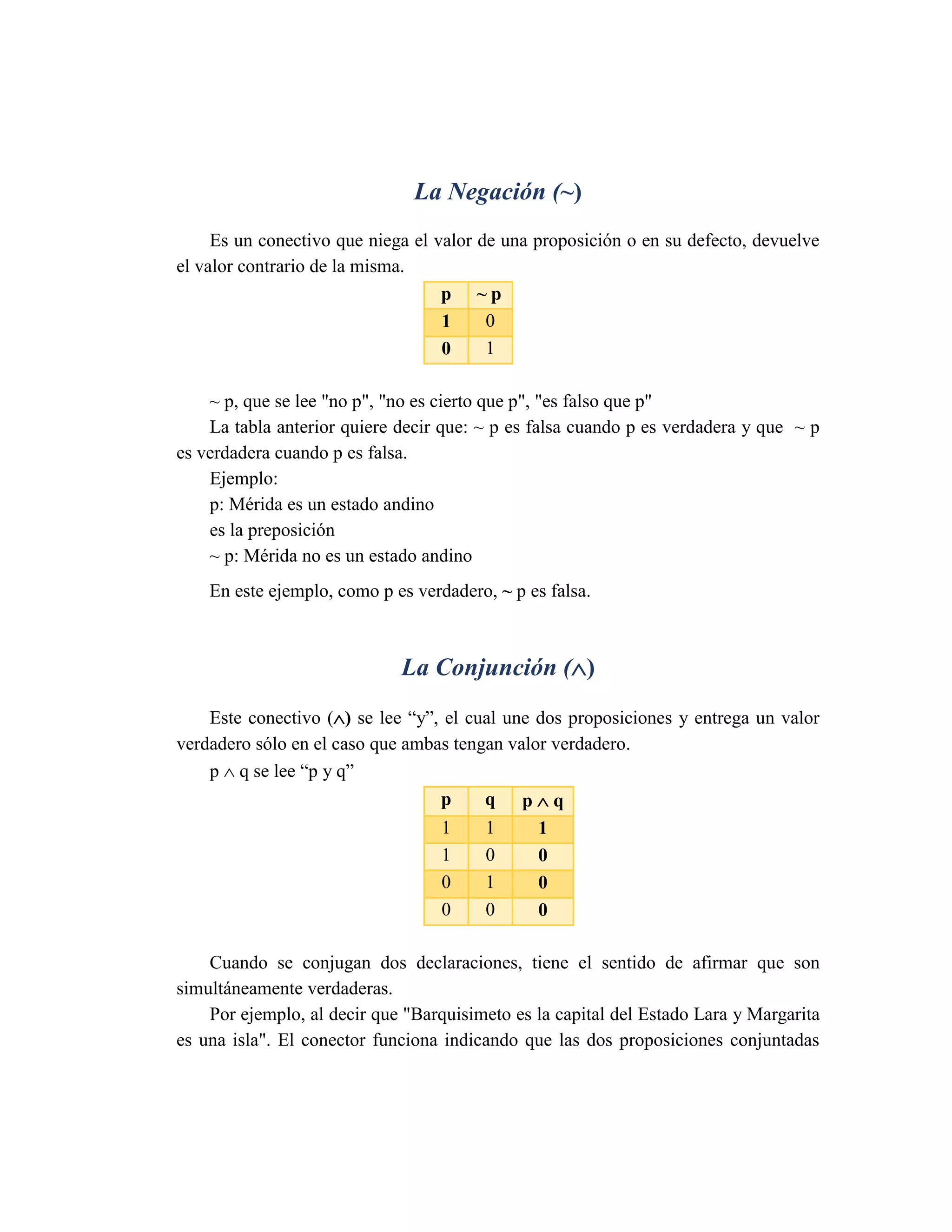 La Negación (~) 
Es un conectivo que niega el valor de una proposición o en su defecto, devuelve el valor contrario de la misma. p ~ p 1 0 0 1 
~ p, que se lee "no p", "no es cierto que p", "es falso que p" 
La tabla anterior quiere decir que: ~ p es falsa cuando p es verdadera y que ~ p es verdadera cuando p es falsa. 
Ejemplo: 
p: Mérida es un estado andino 
es la preposición 
~ p: Mérida no es un estado andino 
En este ejemplo, como p es verdadero, ~ p es falsa. 
La Conjunción () 
Este conectivo () se lee “y”, el cual une dos proposiciones y entrega un valor verdadero sólo en el caso que ambas tengan valor verdadero. 
p  q se lee “p y q” p q p  q 1 1 1 1 0 0 0 1 0 0 0 0 
Cuando se conjugan dos declaraciones, tiene el sentido de afirmar que son simultáneamente verdaderas. 
Por ejemplo, al decir que "Barquisimeto es la capital del Estado Lara y Margarita es una isla". El conector funciona indicando que las dos proposiciones conjuntadas  