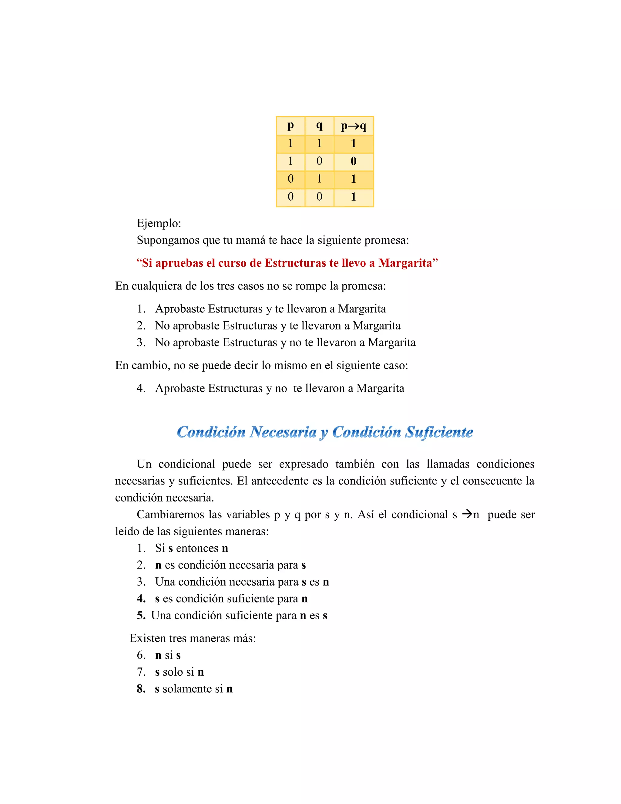 Ejemplo: 
Supongamos que tu mamá te hace la siguiente promesa: 
“Si apruebas el curso de Estructuras te llevo a Margarita” 
En cualquiera de los tres casos no se rompe la promesa: 
1. Aprobaste Estructuras y te llevaron a Margarita 
2. No aprobaste Estructuras y te llevaron a Margarita 
3. No aprobaste Estructuras y no te llevaron a Margarita 
En cambio, no se puede decir lo mismo en el siguiente caso: 
4. Aprobaste Estructuras y no te llevaron a Margarita 
Un condicional puede ser expresado también con las llamadas condiciones necesarias y suficientes. El antecedente es la condición suficiente y el consecuente la condición necesaria. 
Cambiaremos las variables p y q por s y n. Así el condicional s n puede ser leído de las siguientes maneras: 
1. Si s entonces n 
2. n es condición necesaria para s 
3. Una condición necesaria para s es n 
4. s es condición suficiente para n 
5. Una condición suficiente para n es s 
Existen tres maneras más: 
6. n si s 
7. s solo si n 
8. s solamente si n p q pq 1 1 1 1 0 0 0 1 1 0 0 1  