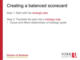9
Division of Students
PARTNERS IN STUDENT SUCCESS
Creating a balanced scorecard
Step 1: Start with the strategic plan
Step 2: Translate the plan into a strategy map
• Cause and effect relationships of strategic goals
 