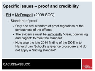 CACUSS/ASEUCC
Specific issues – proof and credibility
• FH v McDougall (2008 SCC)
• Standard of proof
• Only one civil standard of proof regardless of the
seriousness of the offence
• The evidence must be sufficiently "clear, convincing
and cogent" to meet the standard
• Note also the late 2014 finding of the DOE in to
Harvard Law School's grievance procedure and do
not apply a "sliding standard"
 