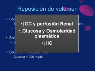 Solución salina isotónica 0.9% 15 – 20 ml/kg/hr ó 1 – 1.5 litros en la primera hora Posteriormente 250 – 500 ml/hr  Solución hipotónica 0.45% Sodio sérico corregido normal o elevado  Solución glucosada 5%  Glucosa = 200 mg/dl Reposición de volumen 
