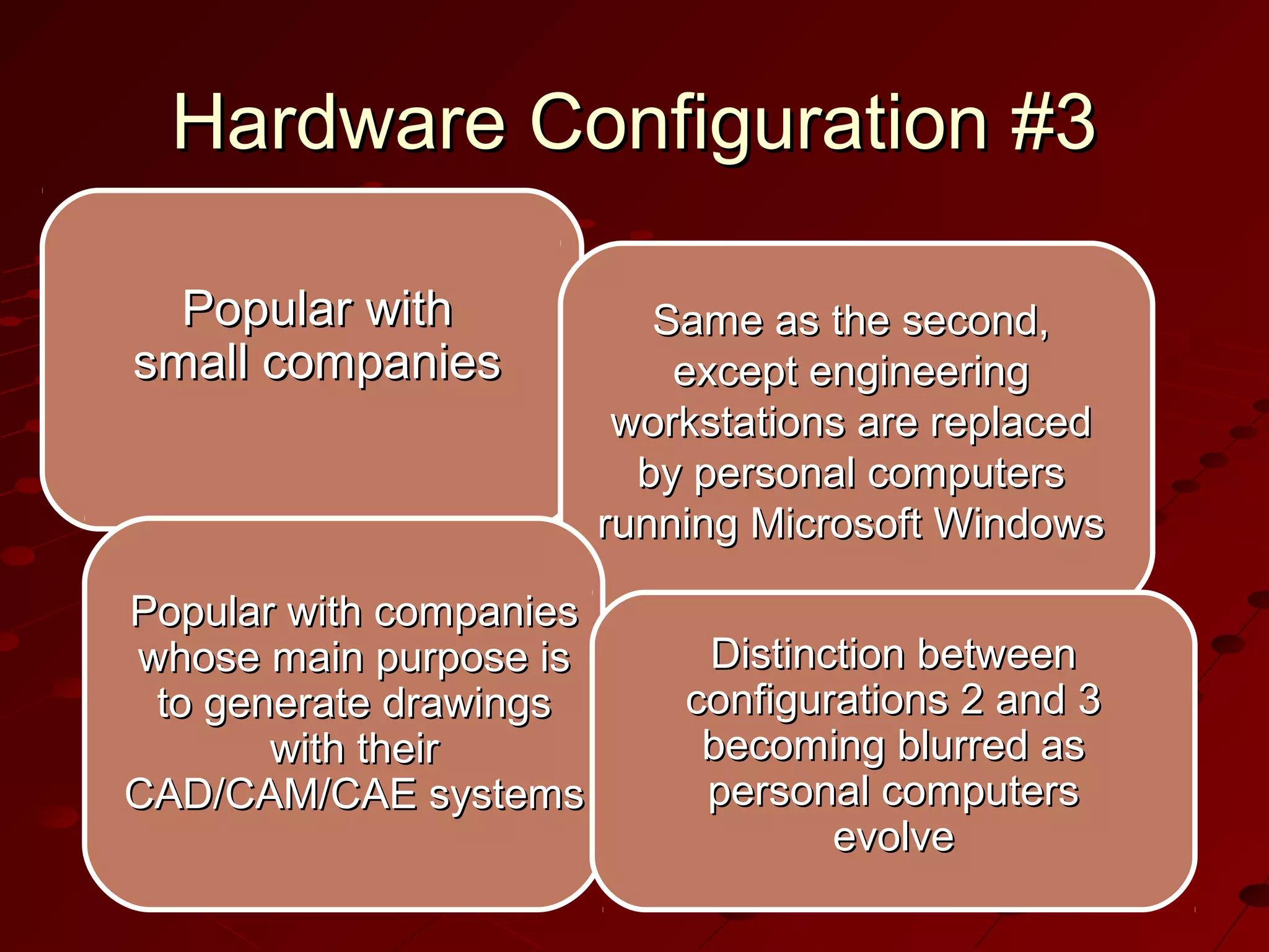 Hardware Configuration #3
Popular with
small companies

Popular with companies
whose main purpose is
to generate drawings
with their
CAD/CAM/CAE systems

Same as the second,
except engineering
workstations are replaced
by personal computers
running Microsoft Windows
Distinction between
configurations 2 and 3
becoming blurred as
personal computers
evolve

 
