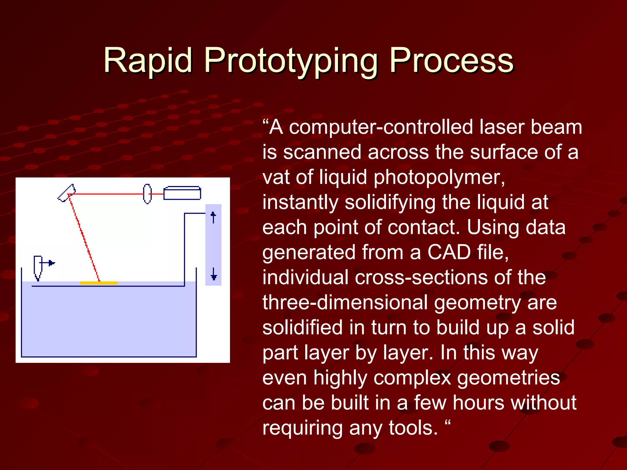 Rapid Prototyping Process
“A computer-controlled laser beam
is scanned across the surface of a
vat of liquid photopolymer,
instantly solidifying the liquid at
each point of contact. Using data
generated from a CAD file,
individual cross-sections of the
three-dimensional geometry are
solidified in turn to build up a solid
part layer by layer. In this way
even highly complex geometries
can be built in a few hours without
requiring any tools. “

 