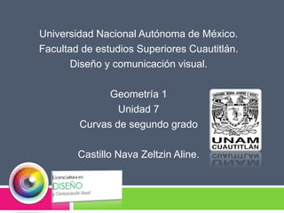 Universidad Nacional Autónoma de México.
Facultad de estudios Superiores Cuautitlán.
Diseño y comunicación visual.
Geometría 1
Unidad 7
Curvas de segundo grado
Castillo Nava Zeltzin Aline.
 