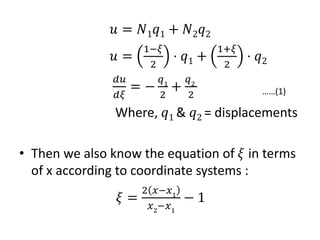 ? = ?1 ?1 + ?2 ?2
? =
1??
2
? ?1 +
1+?
2
? ?2
??
??
= ?
?1
2
+
?2
2 (1)
Where, ?1 & ?2 = displacements
? Then we also know the equation of ? in terms
of x according to coordinate systems :
? =
2 ???1
?2
??1
? 1
 