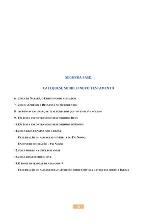 26
SEGUNDA FASE.
CATEQUESE SOBRE O NOVO TESTAMENTO
6. JESUS DE NAZARÉ, O CRISTO NOSSO SALVADOR
7. JESUS: «O REINO E DEUS ESTÁ NO MEIO DE VÓS»
8. AS BEM-AVENTURANÇAS: A ALEGRIA DOS QUE VIVEM O EVANGELHO
9. EM JESUS ENCONTRAMOS E DESCOBRIMOS DEUS
10.EM JESUS ENCONTRAMOS E DESCOBRIMOS O HOMEM
11.JESUS REZA E ENSINA-NOS A REZAR
CELEBRAÇÃO DE PASSAGEM – ENTREGA DO PAI NOSSO.
ENCONTRO DE ORAÇÃO – PAI NOSSO
12.JESUS MORRE NA CRUZ POR AMOR
13.JESUS RESSUSCITOU E VIVE
14.O PROJETO PESSOAL DE VIDA CRISTÃ
CELEBRAÇÃO DE PASSAGEM DA CATEQUESE SOBRE CRISTO À CATEQUESE SOBRE A IGREJA
 