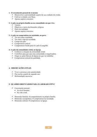 43
1. O crescimento pessoal de si mesmo.
 Desenvolver a personalidade a partir da sua condição de cristão.
 Cultivar a relação com Deus.
 Apenas aspetos concretos.
2. A ação na própria família ou na comunidade em que vive.
 Valores.
 Objetivos e meios da dimensão religiosa
 Partir da realidade.
 Apenas aspetos concretos.
3. A ação ou compromisso na sociedade, no povo.
 Ter em conta a realidade.
 Ter claro o tipo de sociedade.
 Campo de ação.
 Compromisso estável.
 Compromisso Guido pela fé e pelo Evangelho.
4. A ação da comunidade cristã, na Igreja.
 Conhecer a situação da comunidade cristã.
 Contribuir para que seja uma comunidade evangelizadora.
 Eleger as ações básicas da Igreja em que vai trabalhar.
 Compromisso eclesial de qualidade.
4. OBSERVAÇÕES FINAIS
 Viver o processo com autenticidade.
 Poe escrito a partir do segundo ano.
 Reformulação sucessiva.
5. QUADRO ORIENTADOR PARA ELABORAR O PPVC
 Crescimento pessoal.
 Ao nível humano.
 Na vida cristã.
 Dimensão familiar. O comportamento na própria família.
 Dimensão sociopolítica. O compromisso na sociedade.
 Dimensão eclesial. O compromisso na Igreja.
 