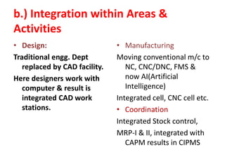 b.) Integration within Areas &
Activities
• Design:
Traditional engg. Dept
replaced by CAD facility.
Here designers work with
computer & result is
integrated CAD work
stations.
• Manufacturing
Moving conventional m/c to
NC, CNC/DNC, FMS &
now AI(Artificial
Intelligence)
Integrated cell, CNC cell etc.
• Coordination
Integrated Stock control,
MRP-I & II, integrated with
CAPM results in CIPMS
 