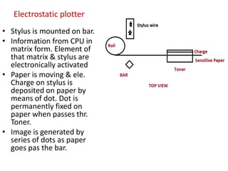 Electrostatic plotter
• Stylus is mounted on bar.
• Information from CPU in
matrix form. Element of
that matrix & stylus are
electronically activated
• Paper is moving & ele.
Charge on stylus is
deposited on paper by
means of dot. Dot is
permanently fixed on
paper when passes thr.
Toner.
• Image is generated by
series of dots as paper
goes pas the bar.
 