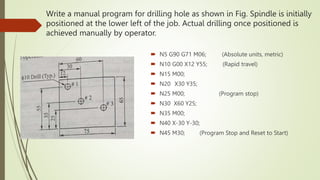Write a manual program for drilling hole as shown in Fig. Spindle is initially
positioned at the lower left of the job. Actual drilling once positioned is
achieved manually by operator.
 N5 G90 G71 M06; (Absolute units, metric)
 N10 G00 X12 Y55; (Rapid travel)
 N15 M00;
 N20 X30 Y35;
 N25 M00; (Program stop)
 N30 X60 Y25;
 N35 M00;
 N40 X-30 Y-30;
 N45 M30; (Program Stop and Reset to Start)
 
