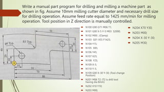Write a manual part program for drilling and milling a machine part as
shown in fig. Assume 10mm milling cutter diameter and necessary drill size
for drilling operation. Assume feed rate equal to 1425 mm/min for milling
operation. Tool position in Z direction is manually controlled.
 N100 G90 G71 M06 T1;
 N101 G00 X-5 Y-5 M03 S2000;
 N102 M00 ; (Clamp)
 N103 G01 X55 F1425;
 N104 Y15;
 N105 X85;
 N106 Y45;
 N107 X25;
 N108 Y25;
 N109 X-5;
 N110 Y-5;
 N109 G00 X-30 Y-30; (Tool change
Position)
 N201 M06 T2; (T2 is drill tool
having dia 8mm)
 N202 X10 Y10;
 N203 M00;
 N204 X70 Y30;
 N203 M00;
 N204 X-30 Y-30;
 N205 M30;
 