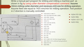 Write a manual part program for drilling and milling a machine part as
shown in fig by using cutter diameter compensation command. Assume
10mm milling cutter diameter and necessary drill size for drilling operation.
Assume feed rate equal to 1425 mm/min for milling operation. Tool position
in Z direction is manually controlled.
 N100 G90 G71 M06 T1;
 N101 G42 G00 X0 Y0 M03 S2000;
 N102 M00 ; (Clamp)
 N103 G01 X50 F1425;
 N104 Y15;
 N105 G02 X55 Y20 R5;
 N106 G01 X80;
 N107 Y40;
 N108 X30;
 N109 Y25;
 N110 G02 X25 Y20 R5;
 N111 G01 X0;
 N112 Y0;
 N12 G40;
 N113 G00 X-30 Y-30 (Tool change Position)
 N201 M06 T2; (T2 is drill tool having dia 8mm)
 N202 X10 Y10;
 N203 M00;
 N204 X70 Y30;
 N203 M00;
 N204 X-30 Y-30;
 N205 M30;
 