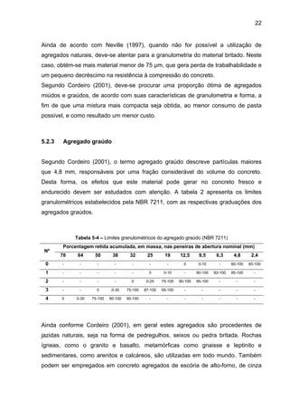 22
Ainda de acordo com Neville (1997), quando não for possível a utilização de
agregados naturais, deve-se atentar para a granulometria do material britado. Neste
caso, obtém-se mais material menor de 75 μm, que gera perda de trabalhabilidade e
um pequeno decréscimo na resistência à compressão do concreto.
Segundo Cordeiro (2001), deve-se procurar uma proporção ótima de agregados
miúdos e graúdos, de acordo com suas características de granulometria e forma, a
fim de que uma mistura mais compacta seja obtida, ao menor consumo de pasta
possível, e como resultado um menor custo.
5.2.3 Agregado graúdo
Segundo Cordeiro (2001), o termo agregado graúdo descreve partículas maiores
que 4,8 mm, responsáveis por uma fração considerável do volume do concreto.
Desta forma, os efeitos que este material pode gerar no concreto fresco e
endurecido devem ser estudados com atenção. A tabela 2 apresenta os limites
granulométricos estabelecidos pela NBR 7211, com as respectivas graduações dos
agregados graúdos.
Tabela 5-4 – Limites granulométricos do agregado graúdo (NBR 7211)
Nº
Porcentagem retida acumulada, em massa, nas peneiras de abertura nominal (mm)
76 64 50 38 32 25 19 12,5 9,5 6,3 4,8 2,4
0 - - - - - - - 0 0-10 - 80-100 95-100
1 - - - - - 0 0-10 - 80-100 92-100 95-100 -
2 - - - - 0 0-25 75-100 90-100 95-100 - - -
3 - - 0 0-30 75-100 87-100 95-100 - - - - -
4 0 0-30 75-100 90-100 95-100 - - - - - - -
Ainda conforme Cordeiro (2001), em geral estes agregados são procedentes de
jazidas naturais, seja na forma de pedregulhos, seixos ou pedra britada. Rochas
ígneas, como o granito e basalto, metamórficas como gnaisse e leptinito e
sedimentares, como arenitos e calcáreos, são utilizadas em todo mundo. Também
podem ser empregados em concreto agregados de escória de alto-forno, de cinza
 