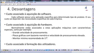 4. Desvantagens
• Custo associado à aquisição do software.
Cada software possui uma aplicação específica para determinado tipo de produto. O seu
custo vai depender das necessidades específicas de cada Empresa.

• Custo associado à aquisição do hardware.
Normalmente estão associados a estas aplicações máquinas com características
especiais, como por exemplo:
- Grande velocidade de processamento.
- Placas gráficas com bastante memória e velocidade de processamento elevada.
- Monitor mínimo recomendado de 17”.

• Custo associado à formação dos utilizadores.

 