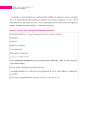 21       Cadernos de Atenção Básica – nº 15
         Hipertensão Arterial Sistêmica




       Ao atender um paciente hipertenso, o profissional da rede básica de saúde deve procurar por indícios
 clínicos de hipertensão arterial secundária, a fim de levantar a hipótese diagnóstica e de fazer o devido
 encaminhamento a especialistas. O Quadro 7 mostra os principais indícios clínicos que devem ser pesquisa-
 dos para afastar ou confirmar a presença da hipertensão secundária.

 Quadro 7. Achados clínicos sugestivos de hipertensão secundária

     Potássio sérico inferior a 3,5 meq./-1, na ausência de tratamento com diuréticos

     Proteinúria

     Hematúria

     Elevação da creatinina

     Sopro abdominal

     Má resposta ao tratamento

     Ausência de história familiar

     Início abrupto e grave de hipertensão, com retinopatia severa, hematúria e perda de função renal (HAS
     acelerada ou maligna)

     Pressão arterial mais baixa nos membros inferiores

     Acentuada oscilação de pressão arterial, acompanhada de rubor facial, sudorese e taquicardia
     paroxística

     Início súbito de hipertensão após os 55 anos de idade ou antes dos 30 anos
 