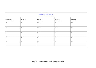 HORÁRIO DAS AULAS


SEGUNDA   TERÇA        QUARTA                   QUINTA   SEXTA

1ª        1ª           1ª                       1ª       1ª


2ª        2ª           2ª                       2ª       2ª


3ª        3ª           3ª                       3ª       3ª


4ª        4ª           4ª                       4ª       4ª


5ª        5ª           5ª                       5ª       5ª




                  PLANEJAMENTO MENSAL - FEVEREIRO
 