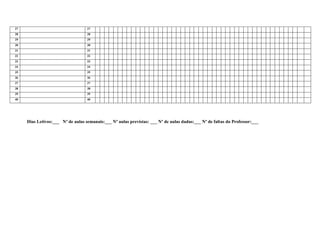 27                                 27
28                                 28
29                                 29
30                                 30
31                                 31
32                                 32
33                                 33
34                                 34
35                                 35
36                                 36
37                                 37
38                                 38
39                                 39
40                                 40




     Dias Letivos:___ Nº de aulas semanais:___ Nº aulas previstas: ___ Nº de aulas dadas:___ Nº de faltas do Professor:___
 