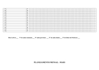 27                                 27
28                                 28
29                                 29
30                                 30
31                                 31
32                                 32
33                                 33
34                                 34
35                                 35
36                                 36
37                                 37
38                                 38
39                                 39
40                                 40




     Dias Letivos:___ Nº de aulas semanais:___ Nº aulas previstas: ___ Nº de aulas dadas:___ Nº de faltas do Professor:___




                                              PLANEJAMENTO MENSAL - MAIO
 